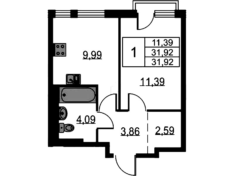1-комнатная квартира 31.92 м², 12/12 эт., ЖК «Невская Долина»